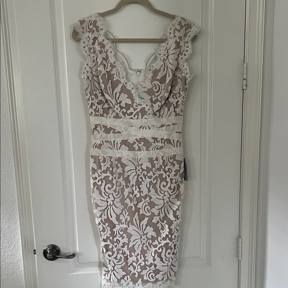 NWT Tadashi Shoji Elegant Lace Overlay Dress in Cream and Nude